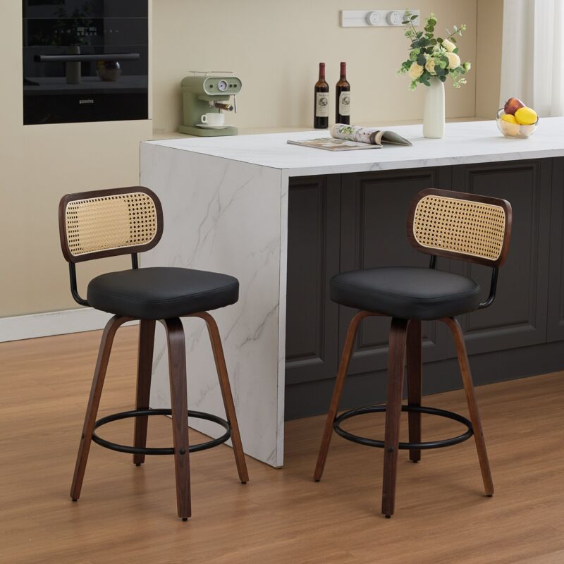 Lot de 2 Tabourets de Bar en Rotin – Dossier Tressé, assise rembourrée, piètement en métal, pivotant – pour Îlot ou Bar, Noir