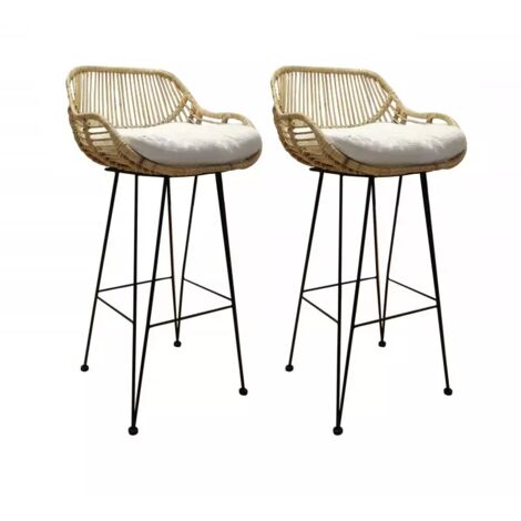 Lot de 2 tabourets de bar en rotin naturel et métal noir – Hauteur 106 cm – Assise 75 cm – Résistants aux chocs et imputrescibles – Meubletmoi