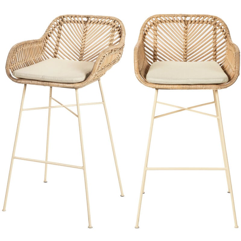 Drawer - Lot de 2 tabourets de bar en rotin pieds beiges H68cm - Naturel - Nunuhai