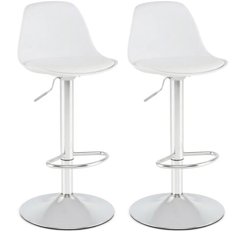 Lot de 2 Tabourets de Bar en Similicuir avec Dossiers, Sièges Rembourrés et Rrepose-Pieds, Tabourets Réglables et Pivotants, 60-82 CM, Blanc