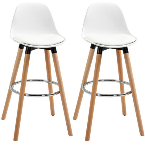 Lot de 2 tabourets de bar en similicuir et bois, avec dossier et repose-pieds, style scandinave, blanc