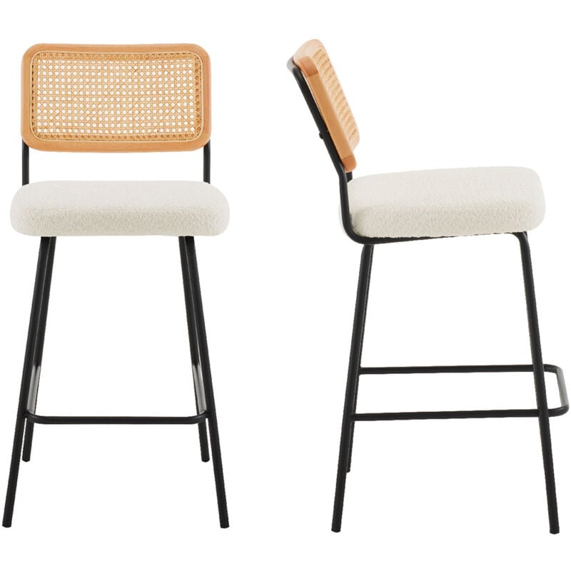 Homifab - Lot de 2 tabourets de bar en tissu bouclé écru et cannage naturel - Muse