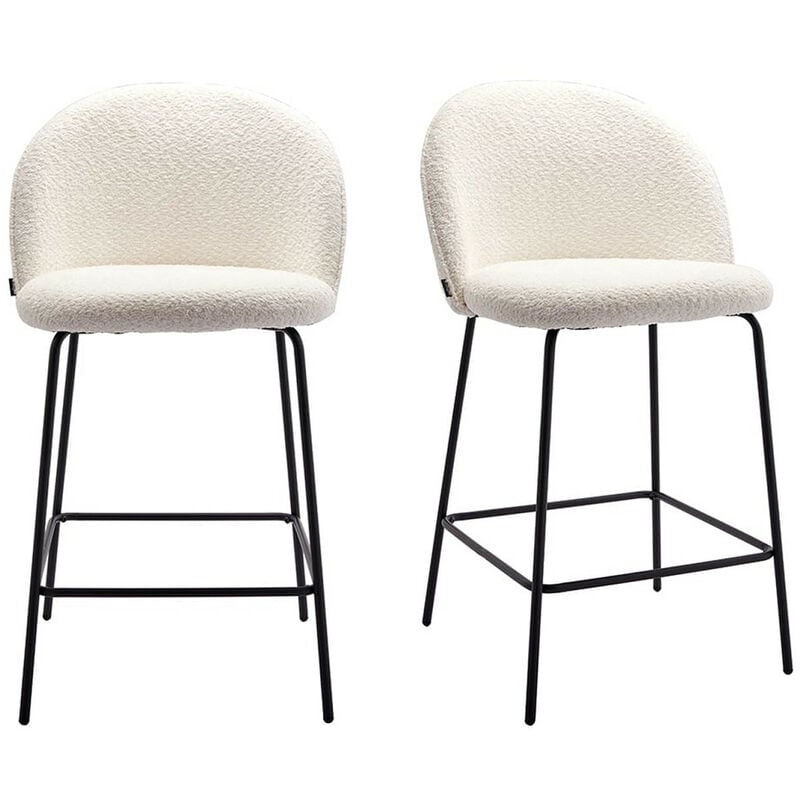 Homifab - Lot de 2 tabourets de bar en tissu bouclette écru, piètement noir - Alta