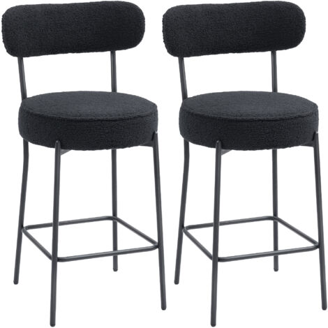 Lot de 2 tabourets de bar en tissu bouclette, chaises de bar avec dossier courbé, repose-pieds, 49x52x95cm, noir