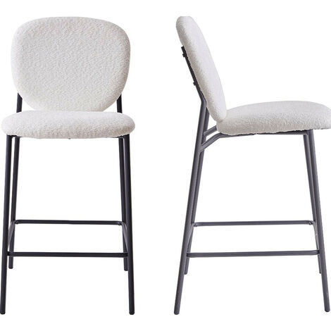 Lot de 2 tabourets de bar en tissu bouclette écru, piètement métal noir - Betty