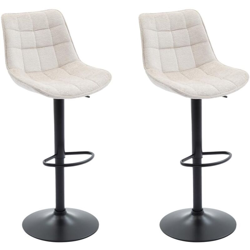 Vente-unique - Lot de 2 tabourets de bar en tissu bouclette et métal noir - Hauteur réglable - Blanc - lima ii