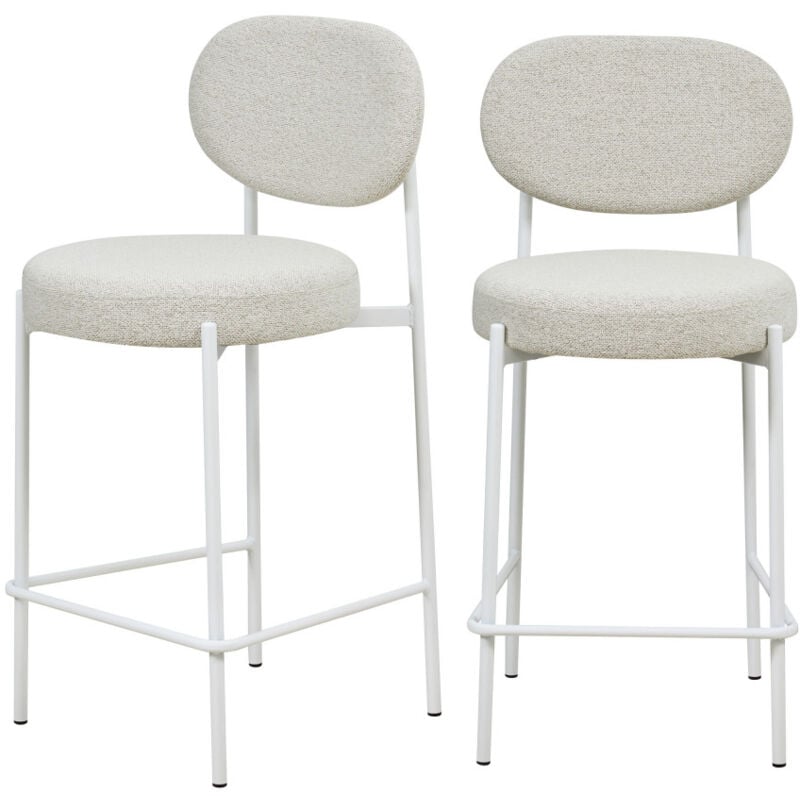 Drawer - Lot de 2 tabourets de bar en tissu bouclette et pieds blancs - Écru - kyoto