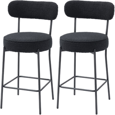 Lot de 2 tabourets de bar en tissu bouclette noirs, chaises hautes avec dossier courbé et repose-pieds, 49x52x95cm