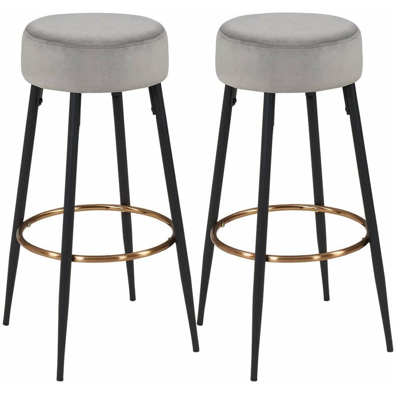 Lot de 2 tabourets de bar en tissu velours gris cadre en métal avec repose-pieds TDB09149