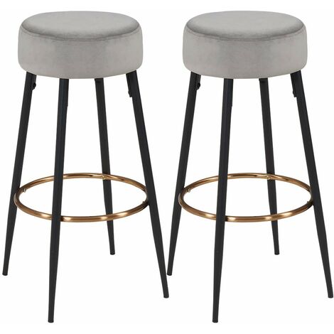 Lot de 2 tabourets de bar en tissu velours gris pieds en métal avec repose-pieds TDB09184