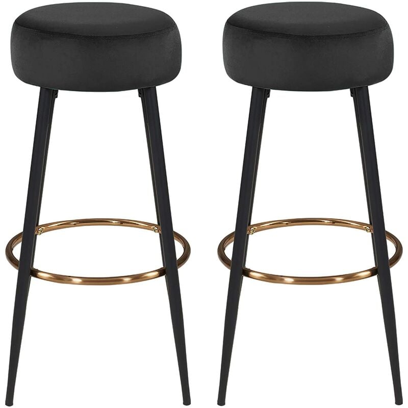 Décoshop26 - Lot de 2 tabourets de bar en tissu velours noir cadre en métal avec repose-pieds TDB09217
