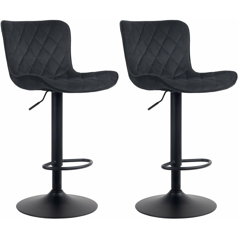 Lot de 2 tabourets de bar en tissu velours noir pieds en métal noir hauteur réglable pivotant TDB10727