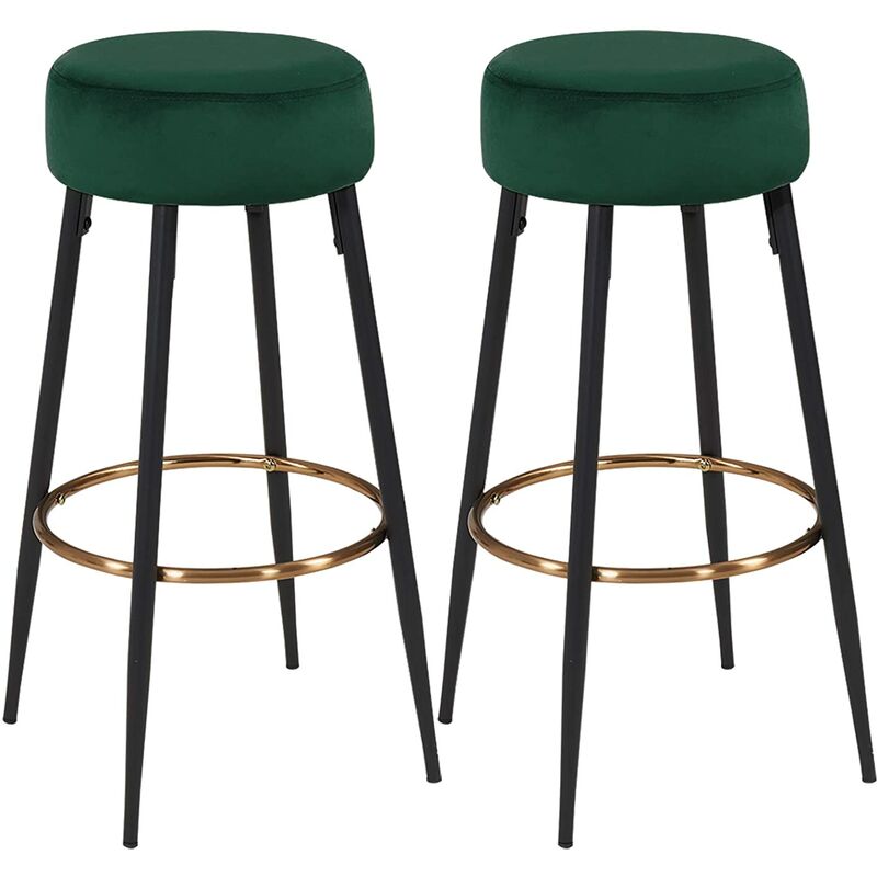 Décoshop26 - Lot de 2 tabourets de bar en tissu velours vert foncé cadre en métal avec repose-pieds TDB09216