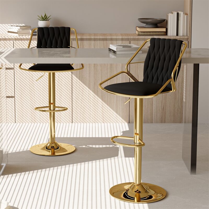 Eifson - Lot de 2 Tabourets de bar en velours avec dossier tressé, réglable en hauteur, pivotant à 360°, structure en métal, adapté pour bar, salon,