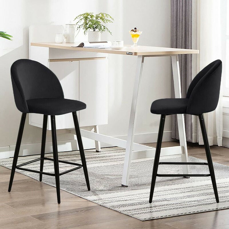 Clipop - Noir Lot de 2 tabourets de bar en velours avec pieds en métal, en forme de coquillage