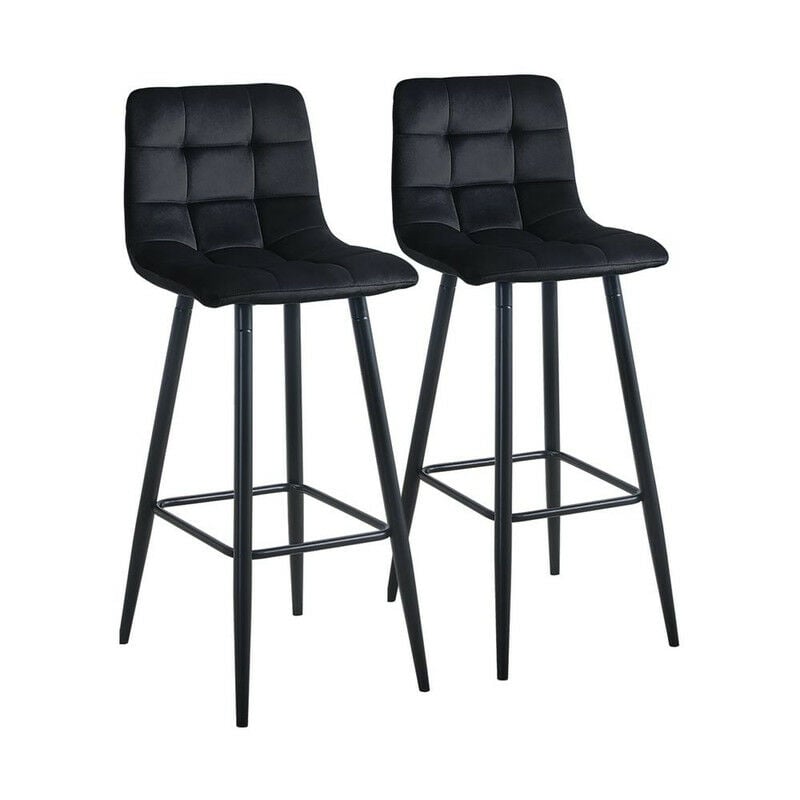Clipop - Lot de 2 tabourets de bar en velours avec repose-pieds en métal, Noir