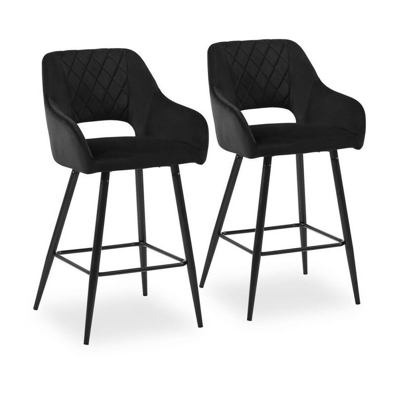 Clipop - Lot de 2 tabourets de Bar en Velours avec siège rembourré Doux, accoudoir, Dossier Ouvert et Base en métal, Chaise Haute, Noir