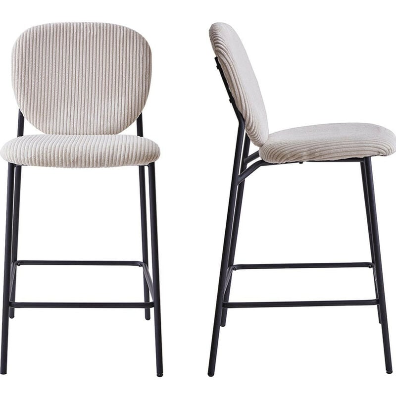 Homifab - Lot de 2 tabourets de bar en velours côtelé beige, piètement métal noir - Betty
