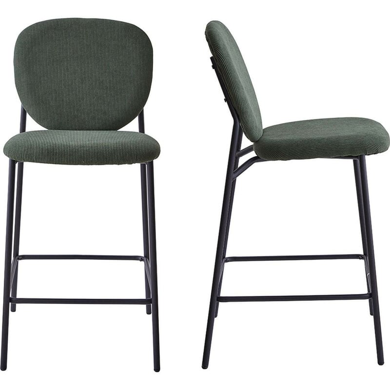 Homifab - Lot de 2 tabourets de bar en velours côtelé vert, piètement métal noir - Betty