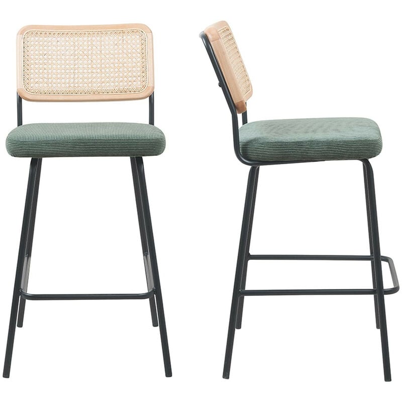 Homifab - Lot de 2 tabourets de bar en velours côtelé vert et cannage naturel - Muse