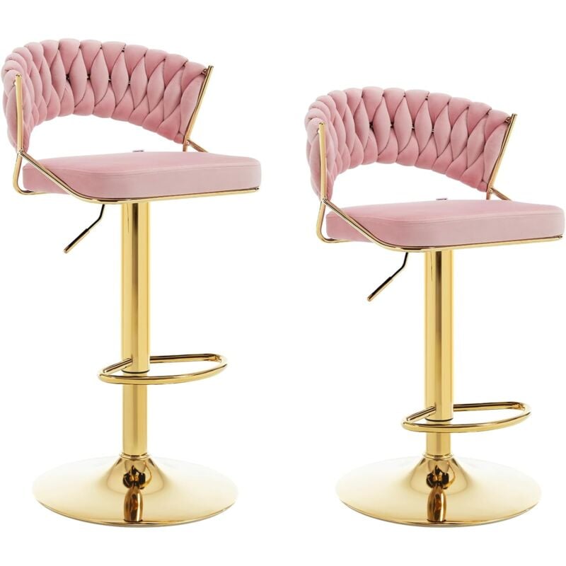 Woltu - Lot de 2 Tabourets de Bar en Velours et Métal Tabouret Pivotant avec Dossier Tissé et Repose-Pieds, Hauteur Réglable, Rose