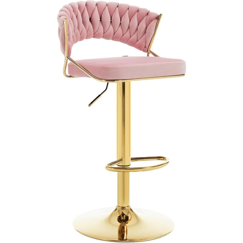 Tabouret de Bar en Velours et Métal Woltu Tabouret Pivotant avec Dossier Tissé et Repose-Pieds, Hauteur Réglable, Rose