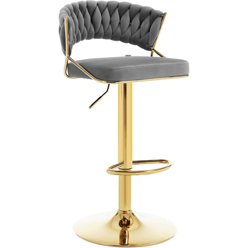 Tabouret de Bar en Velours et Métal WOLTU, Tabouret Pivotant avec Dossier Tissé et Repose-Pieds, Hauteur Réglable, Gris foncé