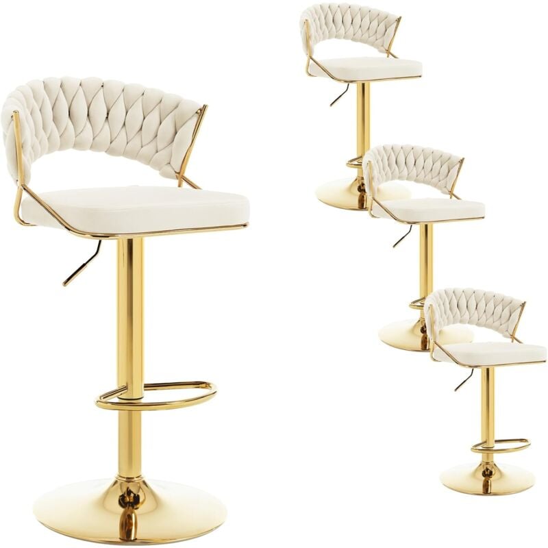 Lot de 4 Tabourets de Bar en Velours et Métal WOLTU, Tabouret Pivotant avec Dossier Tissé et Repose-Pieds, Hauteur Réglable, Crème