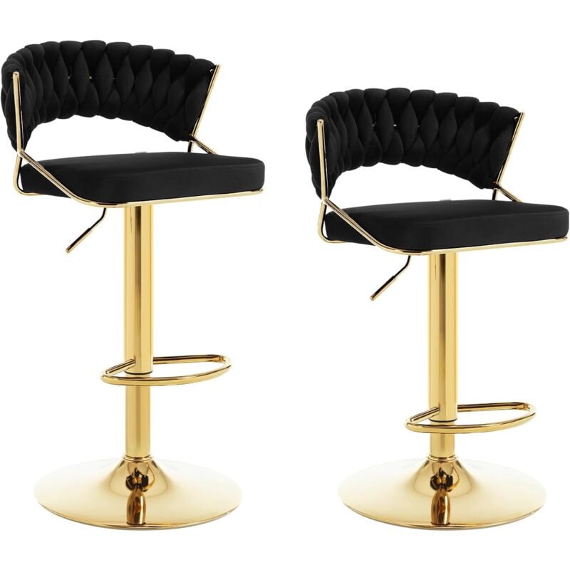 Woltu - Lot de 2 Tabourets de Bar en Velours et Métal Tabouret Pivotant avec Dossier Tissé et Repose-Pieds, Hauteur Réglable, Noir