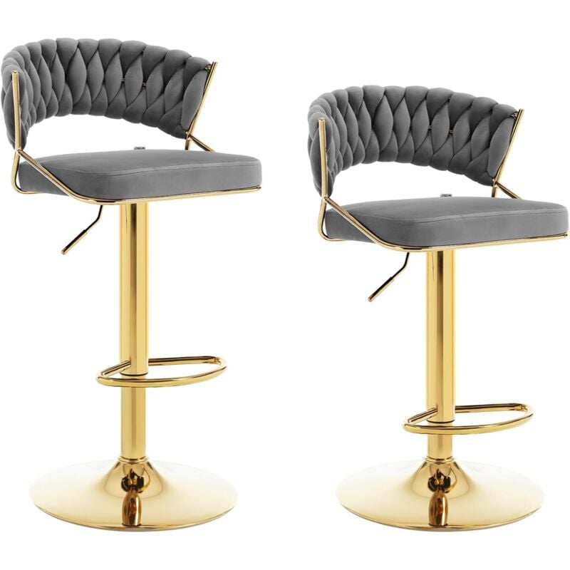 Woltu - Lot de 2 Tabourets de Bar en Velours et Métal Tabouret Pivotant avec Dossier Tissé et Repose-Pieds, Hauteur Réglable, Gris foncé