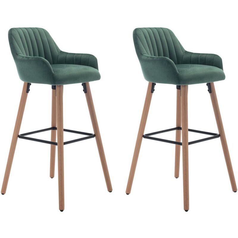 Lot de 2 tabourets de bar en velours et pieds bois de hêtre - Vert foncé - ELEANA