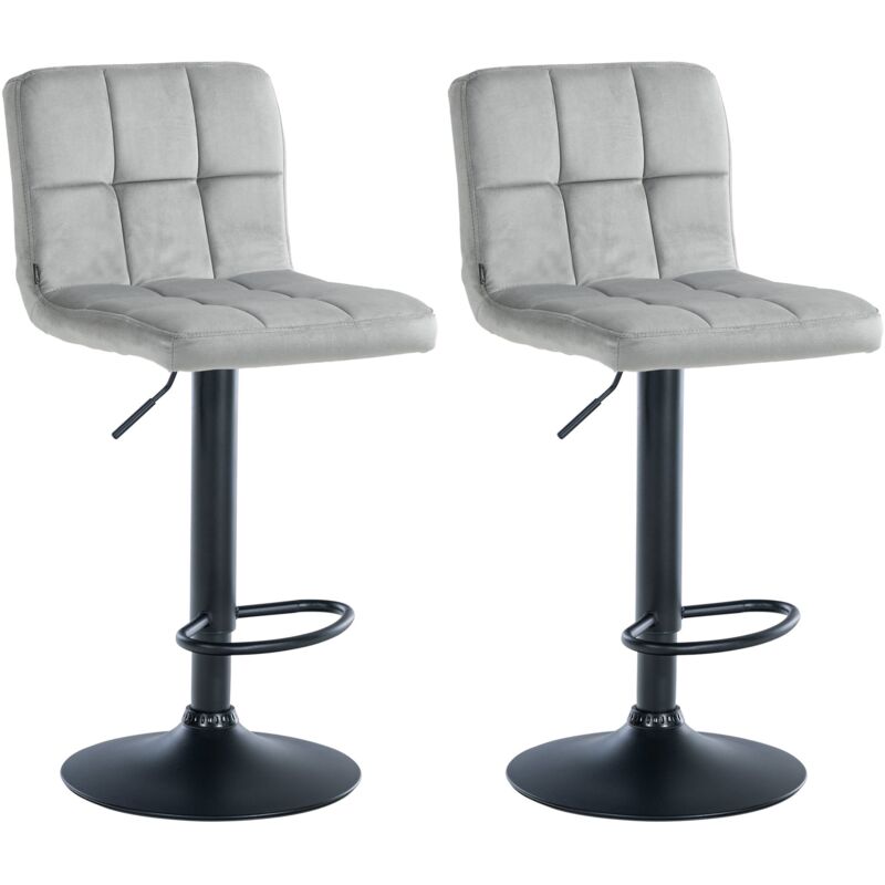 Décoshop26 - Lot de 2 tabourets de bar en velours gris avec coutures décoratives pied en trompette métal noir 100004397