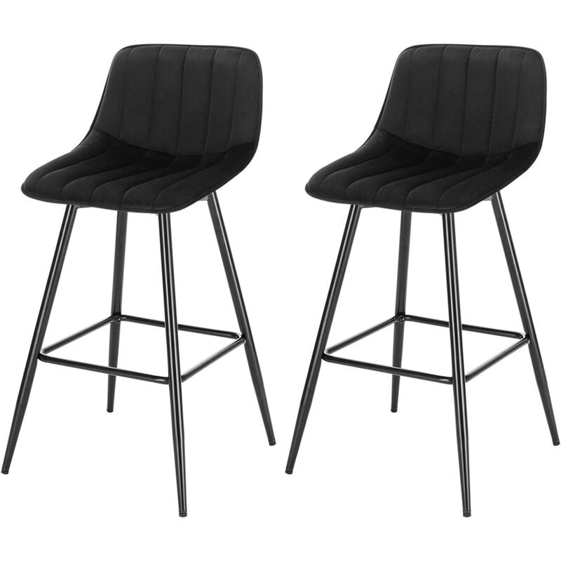 Woltu - Lot de 2 Tabourets de Bar en Velours + métal tabourets Hauts de bistrot avec Repose-Pieds, Chaises Hautes Bar, Tabourets de Cuisine, Noir