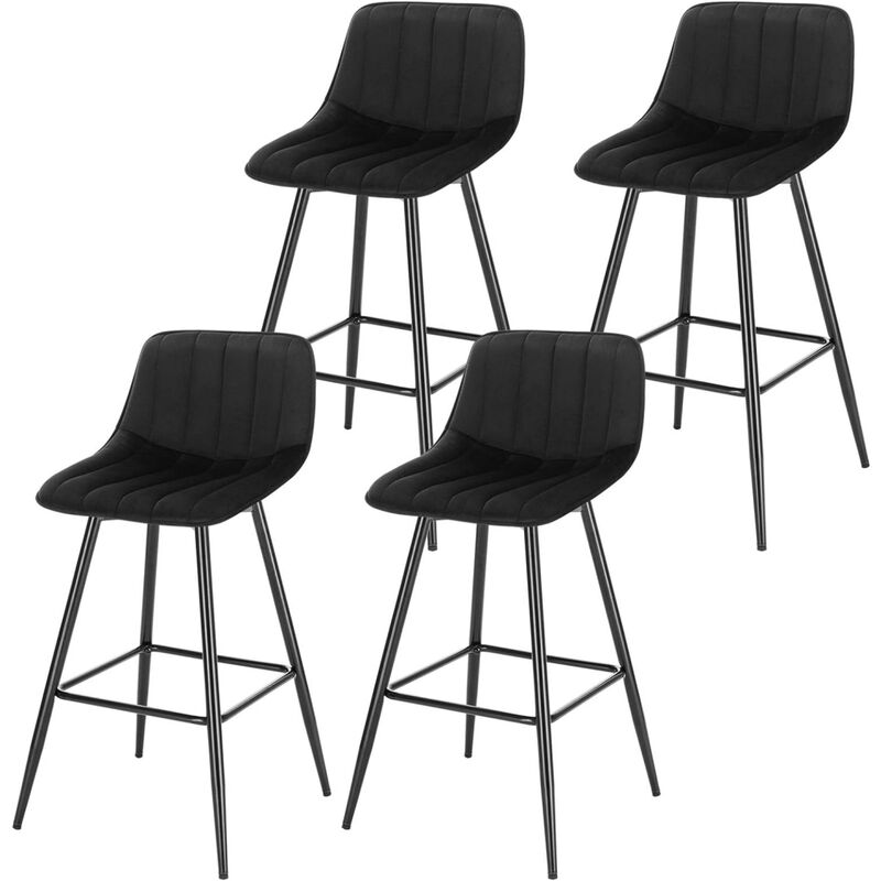 Woltu - Lot de 4 Tabourets de Bar en Velours + métal tabourets Hauts de bistrot avec Repose-Pieds, Chaises Hautes Bar, Tabourets de Cuisine, Noir