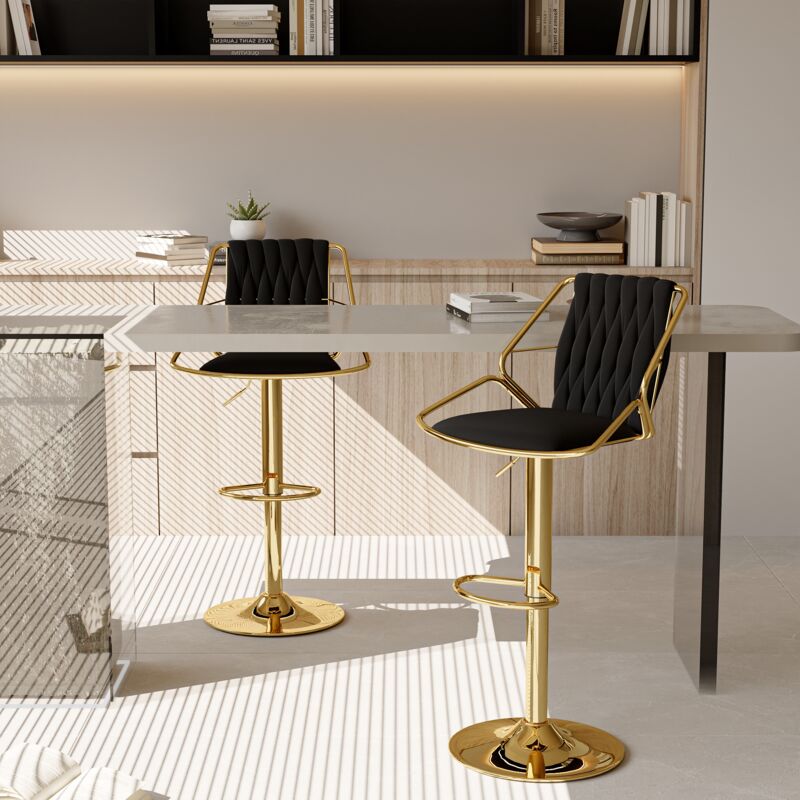Tanant - Lot de 2 chaise de bar en velours, Tabourets de bar scandinave,Hauteur réglable, avec dossier tressé, Repose-Pieds, 360 degrés pivotant,