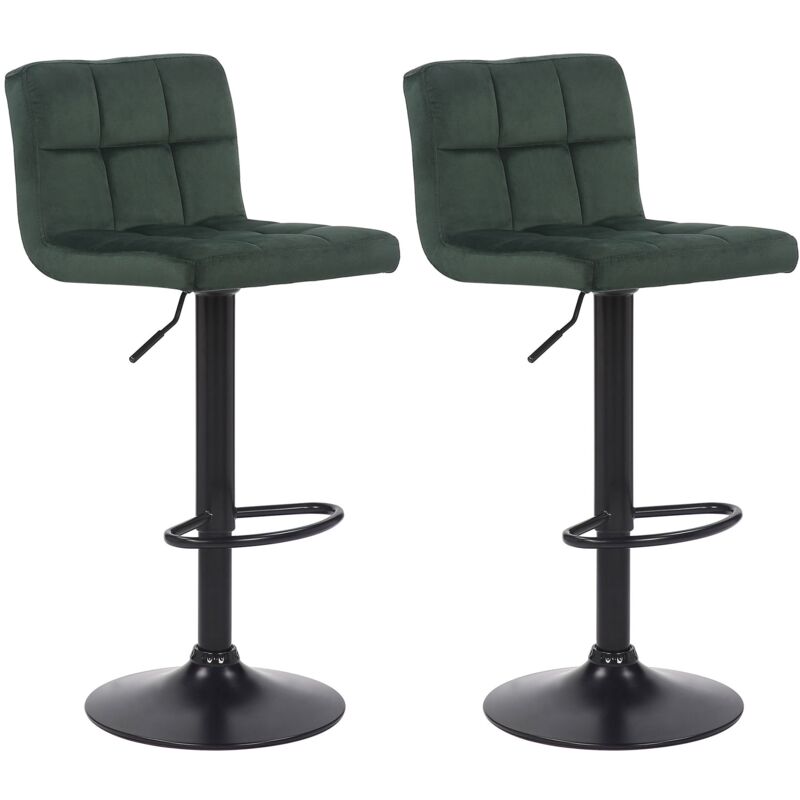 Décoshop26 - Lot de 2 tabourets de bar en velours vert coutures décoratives piètement métal noir 100004145