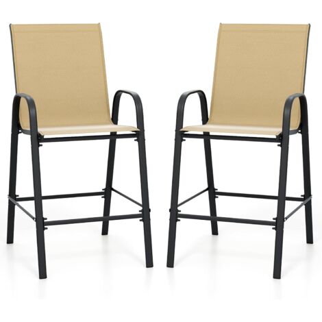 Lot de 2 Tabourets de Bar Extérieurs en Tissu avec Accoudoirs, Repose-pieds, Siège Agrandi & Cadre en Métal, pour Patio, Terrasse, Piscine
