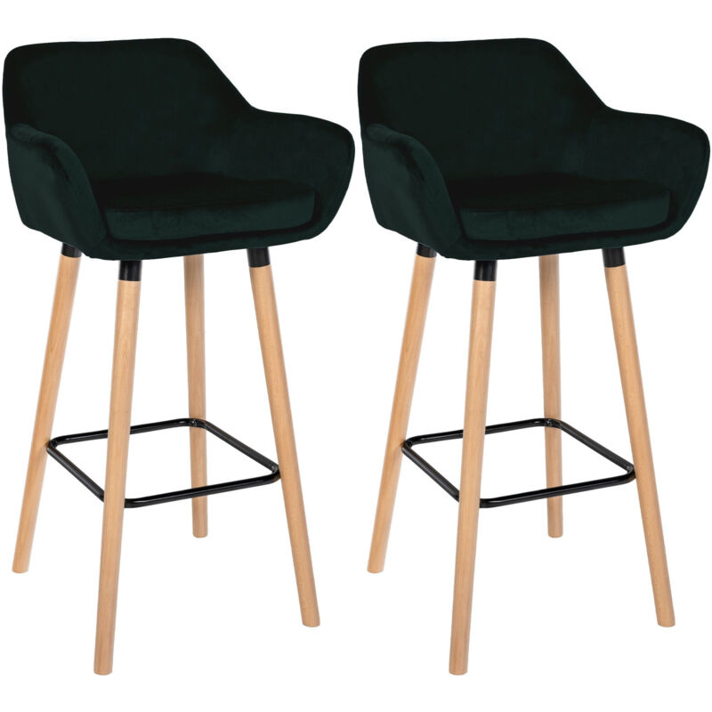 Ensemble de 2 tabourets de velours modernes avec des couleurs claires structure en bois clair colore : VERT