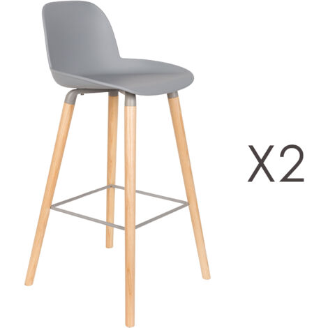 Lot de 2 tabourets de bar gris et pieds naturels - KUIP
