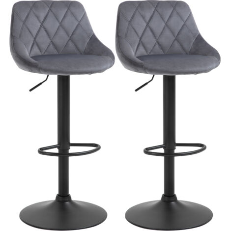 Lot de 2 Tabourets de Bar, Hauteur Réglable, Base Métallique, Siège Faux Cuir, Pivotants, Dossier, Repose-Pieds, 46 x 48 x 83–104 cm, Gris et Noir