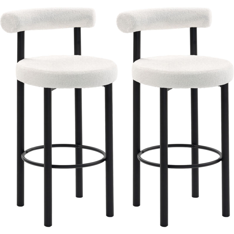 Lot de 2 tabourets de bar - HOMCOM - dossier incurvé - repose-pieds - tissu bouclette et métal - 50x52,5x98cm - blanc