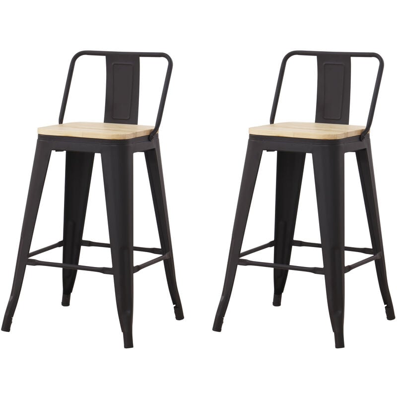 Hobag - Lot de 2 tabourets de bar industriel avec dossier, assise en bois naturel- hauteur assise 63,5 cm métal noir - Noir