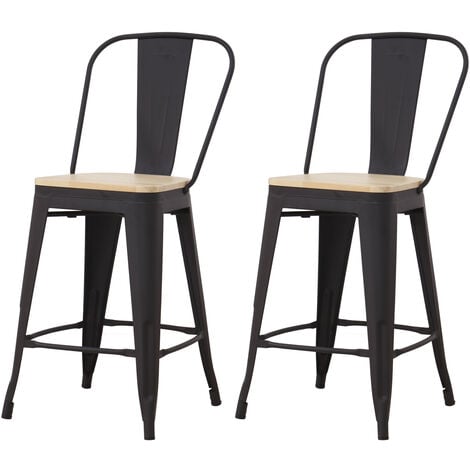 Lot de 2 tabourets de bar industriel avec dossier, assise en bois naturel- hauteur assise 64,5 cm métal noir - Noir