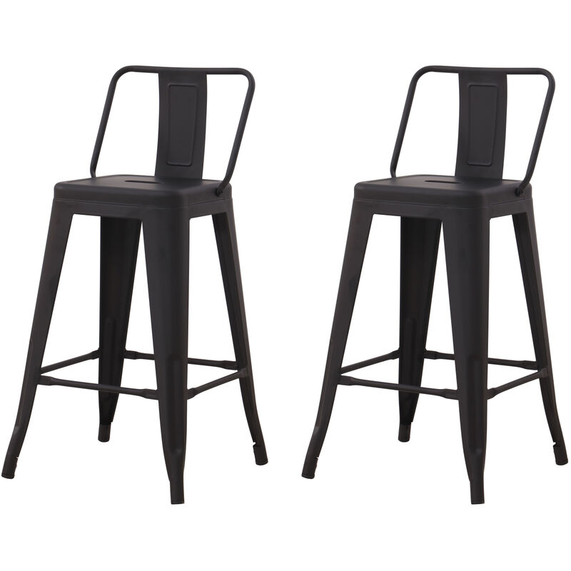 Hobag - Lot de 2 tabourets de bar industriel avec dossier hauteur assise 63 cm métal noir - Noir