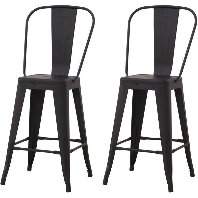 Hobag - Lot de 2 tabourets de bar industriel avec dossier hauteur assise 63 cm métal noir - Noir