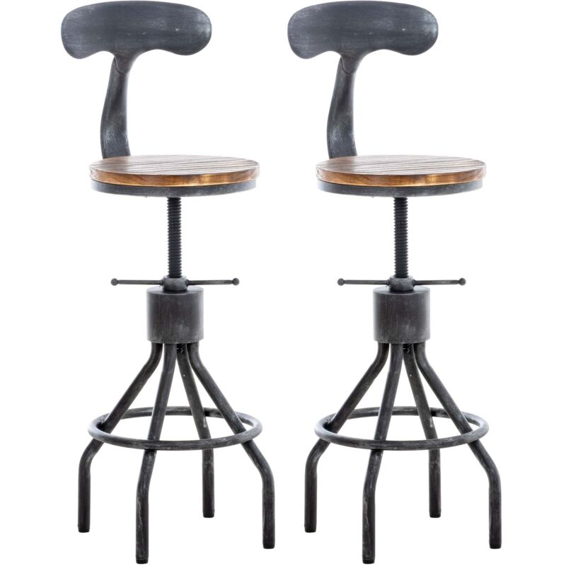 Lot de 2 tabourets de bar industriels en bois et métal argenté – Réglables en hauteur avec dossier et repose-pieds 100006428