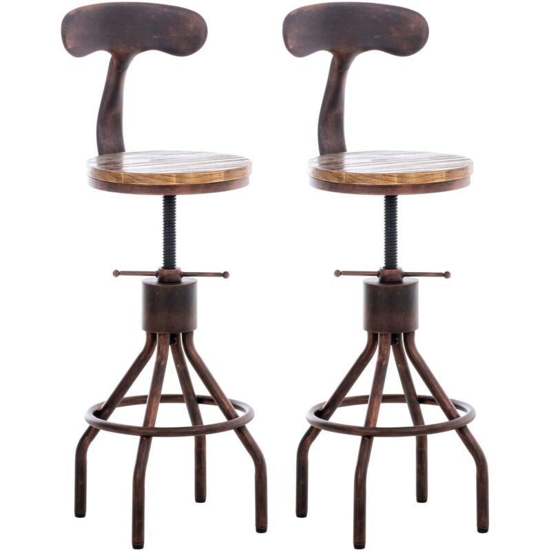 Lot de 2 tabourets de bar industriels en bois et métal bronze – Réglables en hauteur avec dossier et repose-pieds 100006486