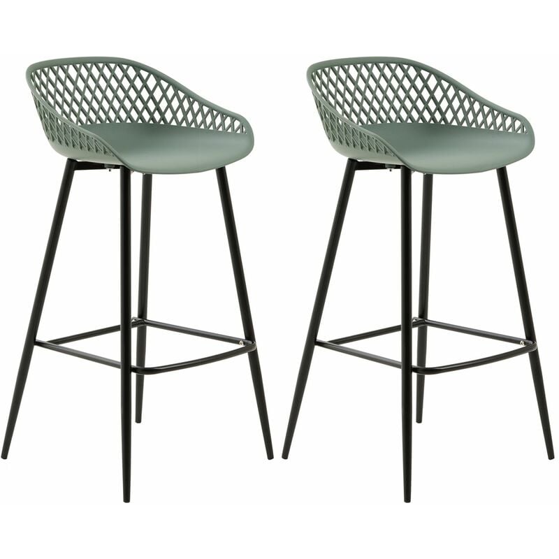 lot de 2 tabourets de bar irek chaise haute pour cuisine ou comptoir au design retro, en plastique vert de gris et métal noir - vert