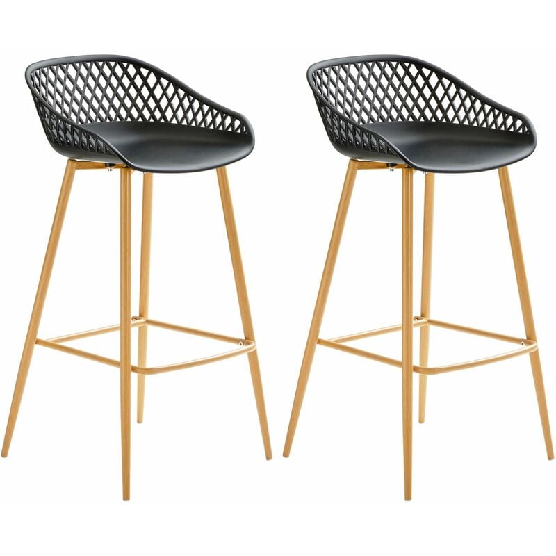 lot de 2 tabourets de bar irek chaise haute cuisine ou comptoir au design retro en plastique noir et métal décor chêne, assise 75 cm - noir/chêne