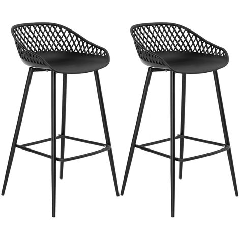 Lot de 2 tabourets de bar IREK chaise haute cuisine ou comptoir au design retro en plastique blanc et métal décor bois, assise 75 cm